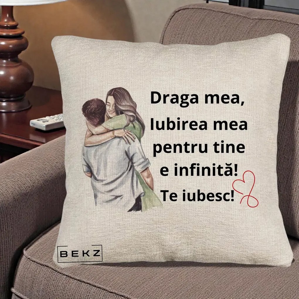 Cadou pentru Iubita - Perna Personalizata Draga Mea Iubirea Mea Infinita Te Iubesc cu Cuplu Acuarela, 40x40 cm, Bej Canapea, Husa Detasabila, Perna Inclusa, BEKZ®