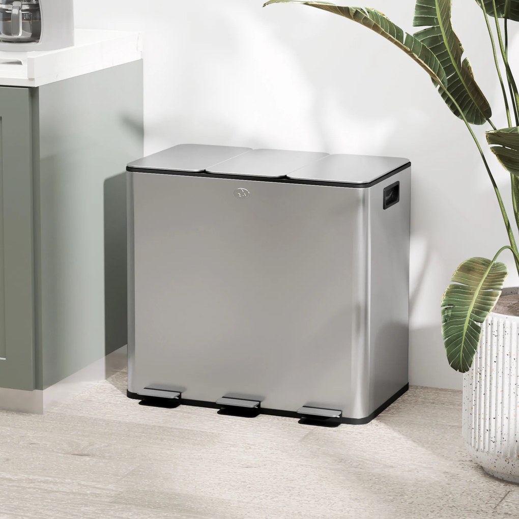 HOMCOM Pubelă de reciclare 45L cu 3 compartimente și închidere silențioasă, din oțel inoxidabil și PP, 61.9x36.6x43.2 cm, argintiu | Aosom Romania