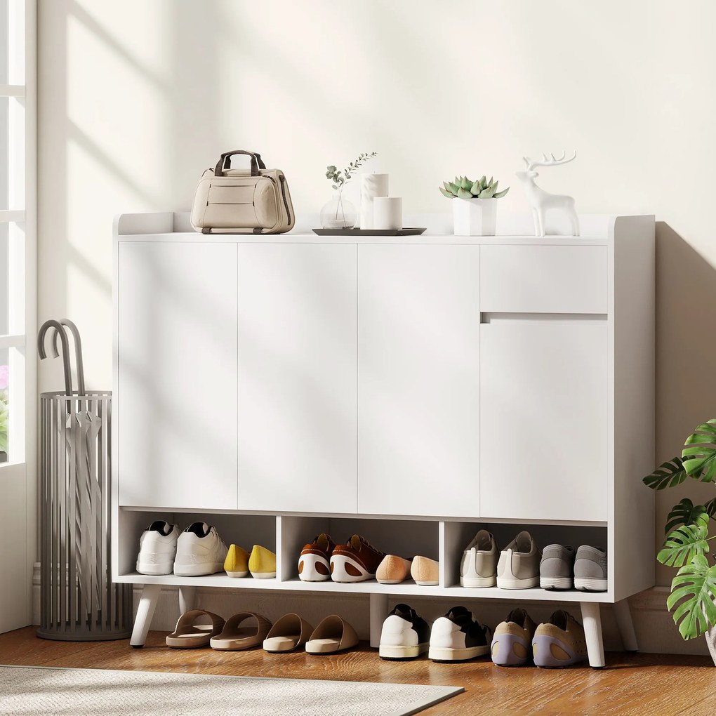 HOMCOM Pantofar Hol cu 4 Uși Push-to-Open, Rafturi Reglabile, MDF și Lemn Pin, 120x35x100 cm, Alb | Aosom Romania