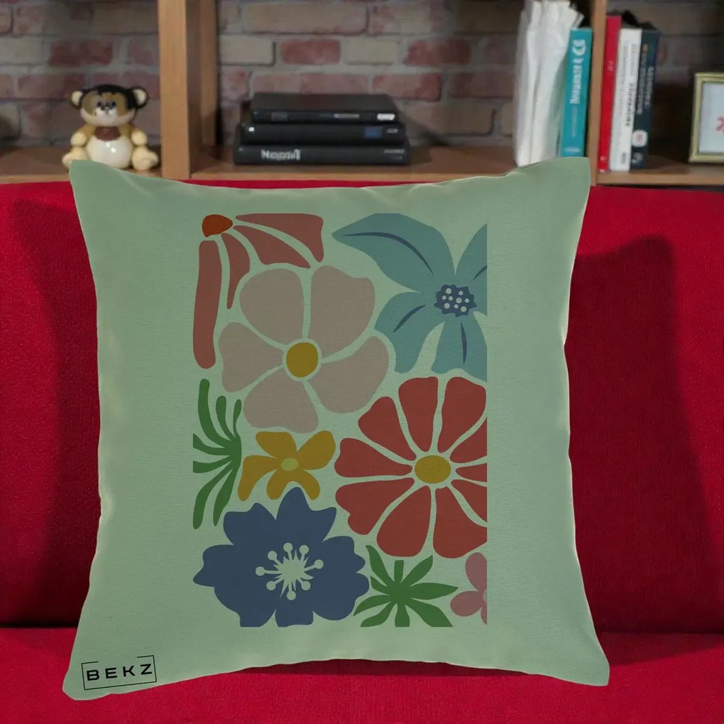 Perna Decorativa Flori Grafice Roz-Rosu-Albastru, 40x40 cm, Verde, Husa Detasabila, Perna Inclusa, BEKZ®