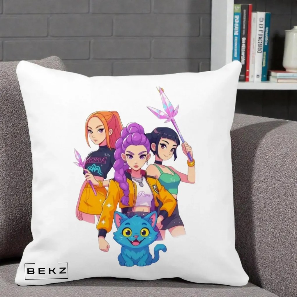 Perna Personalizata K-pop HUNTRX Trio cu Pisica si Cristale, 40x40 cm, Alba Mata, Husa Detasabila, Perna Inclusa, BEKZ®