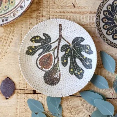 Tavă pentru servire din ceramică cu model mozaic și motiv smochine, H2,5/D21 cm, crem & olive, „Chartres”
