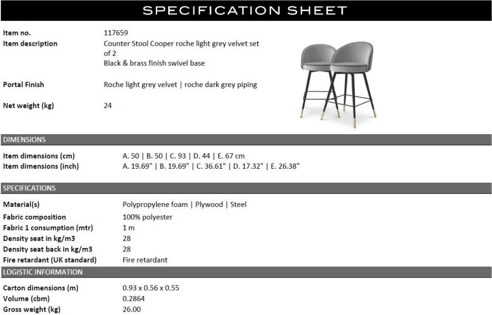 Set de 2 scaune de bar pivotante, design LUX, Counter Stool Cooper gri deschis