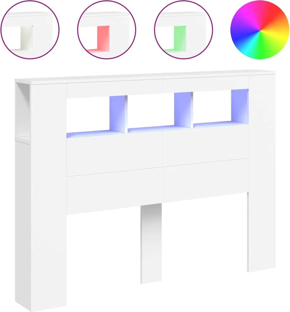 vidaXL Tăblie de pat cu LED, alb, 140x18,5x103,5 cm, lemn