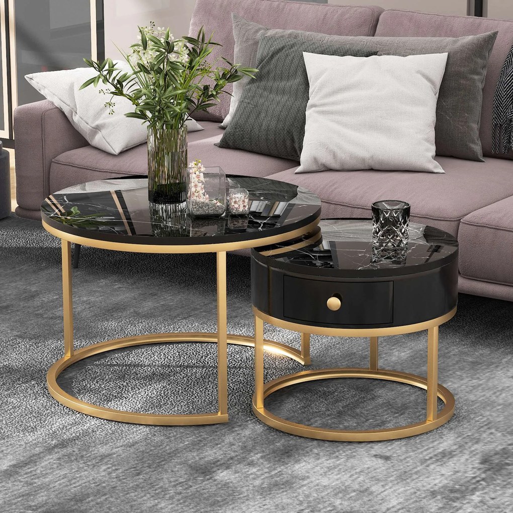 Set de 2 Măsuțe de Cafea Moderne Suprapuse cu Efect de Marmură Lucioasă, Structură din Metal, 70x70x48 cm și 50x50x43,5 cm, Negru