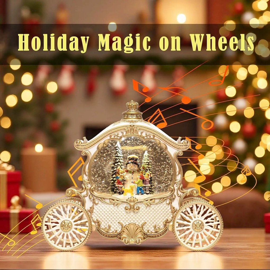 Decoratiune de Craciun FROSTY, Caleasca cu om de zapada, ninsoare si lumini, 8 melodii