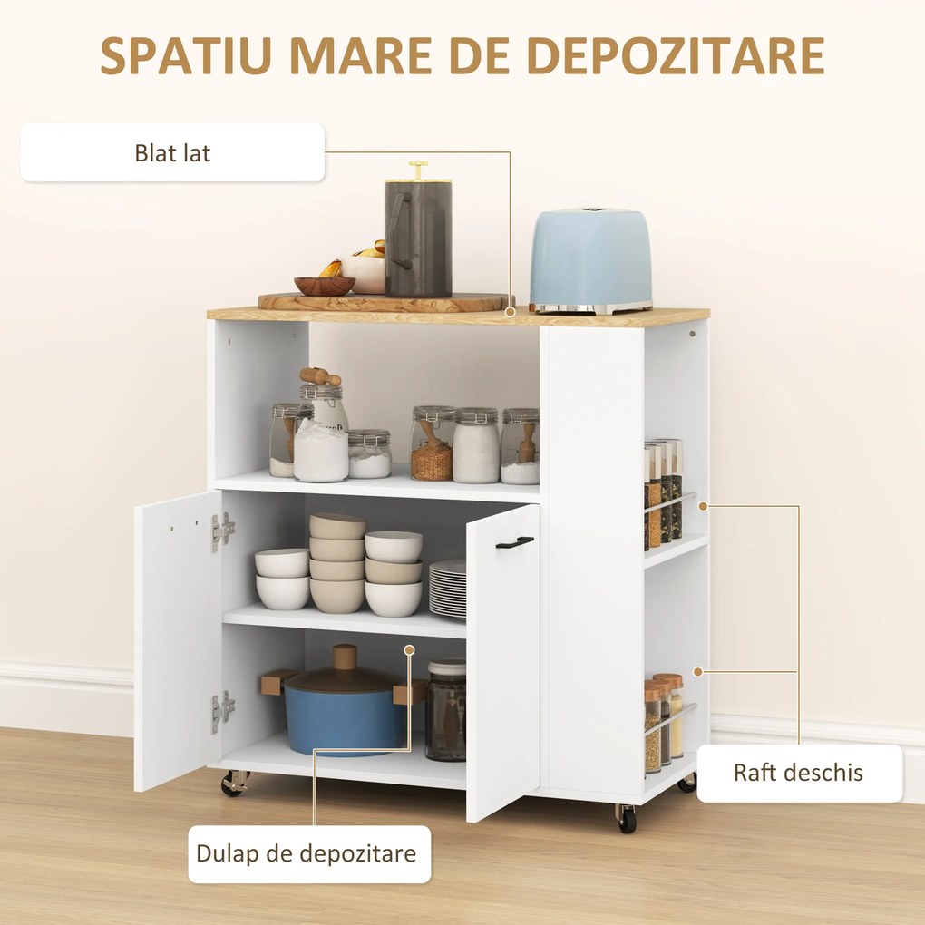 HOMCOM Cărucior de Bucătărie cu Raft Deschis, Dulăpior cu 2 Uși și Raft Lateral pe 2 Niveluri, 75x40x80,5 cm, Alb | Aosom Romania