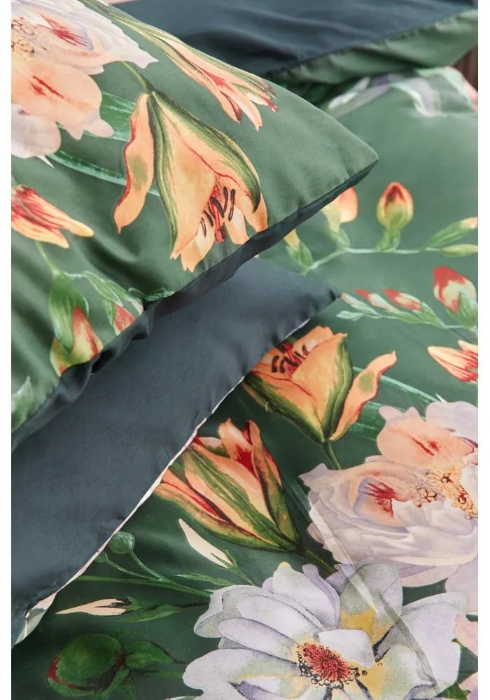 Lenjerie de pat din bumbac satinat pentru pat dublu Bonami Selection Floret, 160 x 220 cm, verde închis
