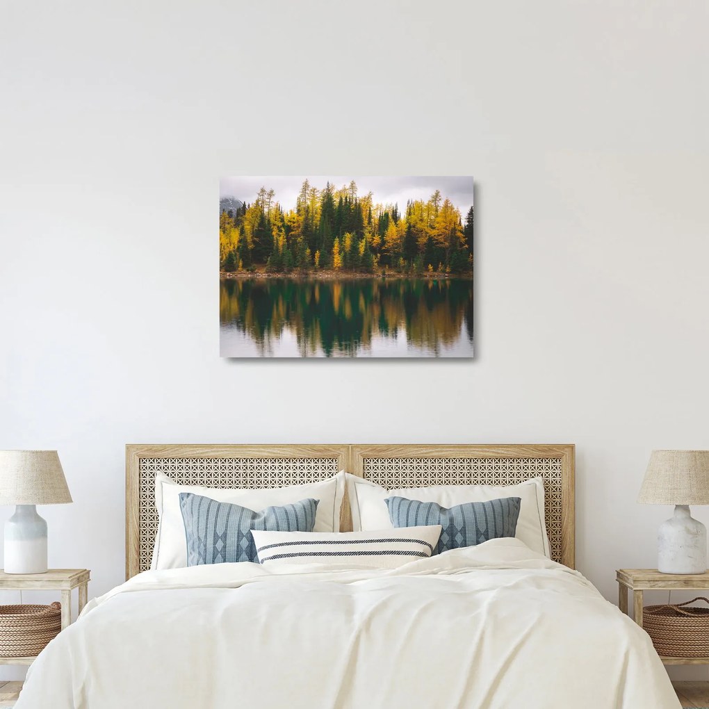 Tablou pe sticlă cu lac de pădure (70x50 cm)