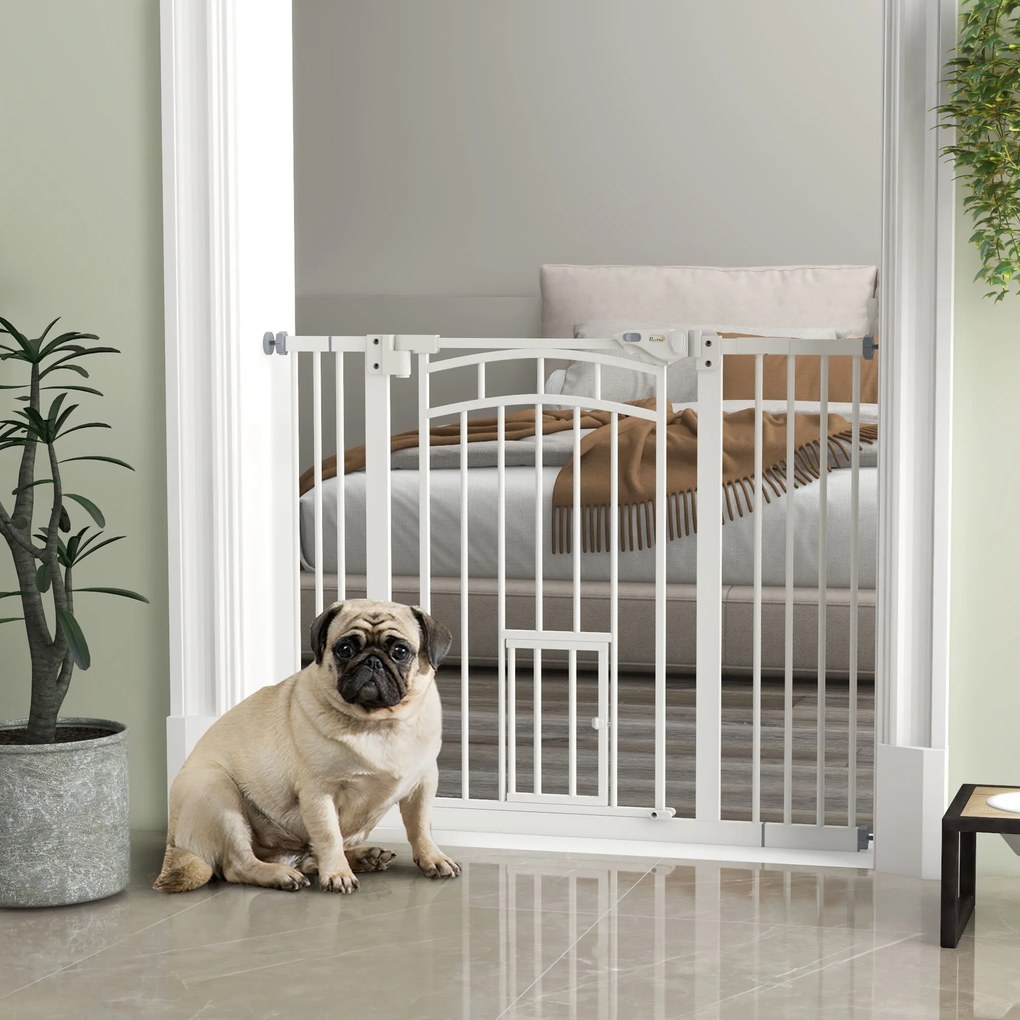 PawHut Uşa de Siguranţă pentru Câini, Barieră pentru Animale de Companie cu Ușă Mică pentru Pisici, 74-100x76 cm, Alb | Aosom Romania