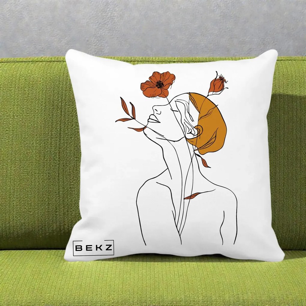 Perna Decorativa Portret Feminin Mac Privire Inalta, 40x40 cm, Alba Mata, Husa Detasabila, Perna Inclusa, BEKZ®