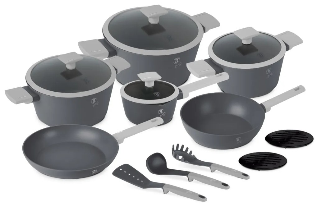 Set oale si tigai cu capace, 15 piese Aspen Berlinger Haus BH 8245, antiaderente, gri, design modern