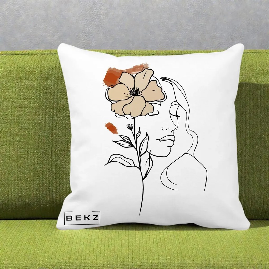 Perna Decorativa Portret Feminin Floare Bej Terracotta, 40x40 cm, Alba Mata, Husa Detasabila, Perna Inclusa, BEKZ®
