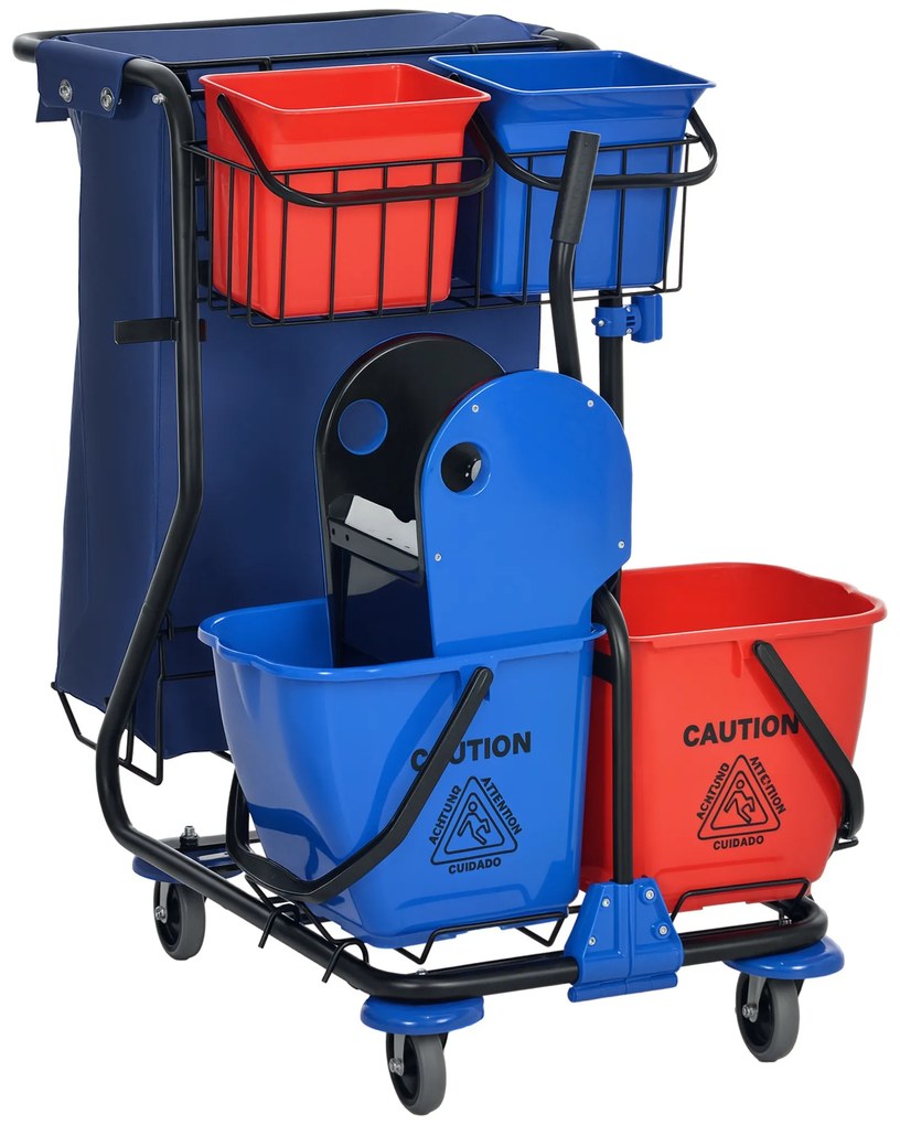 HOMCOM Cărucior pentru Curățenie cu Sac pentru Gunoi, 2 Găleți de 18L, 2 Găleți de 6L și Storcător, 93x80x97 cm, Roșu | Aosom Romania