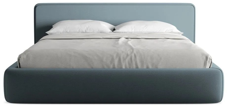 Pat matrimonial albastru tapițat cu spațiu de depozitare cu somieră 180x200 cm Kiana – Makamii