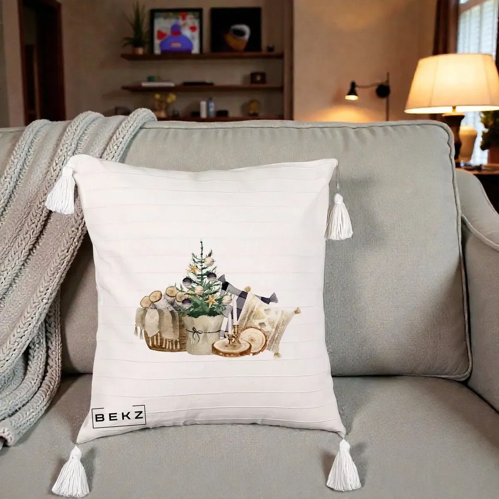 Perna Decorativa Colt Cozy de Craciun Boho, 40x40 cm, Bej cu Franjuri, Husa Detasabila, Perna Inclusa, BEKZ®