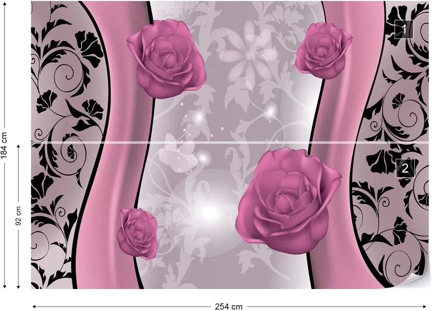 GLIX Fototapet - Pink Roses Floral Design Pink And Silver Vliesová tapeta  - 254x184 cm