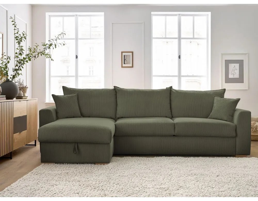 Colțar verde extensibil cu tapițerie din catifea reiată (cu colț variabil) Augustin – Bobochic Paris