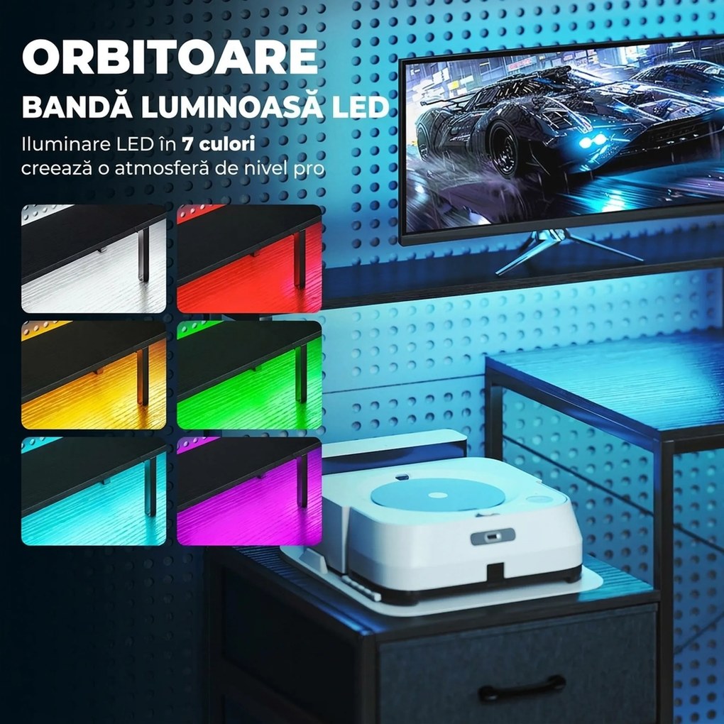 HOMCOM Birou Gaming în formă de L cu prize multiple, LED-uri, 165x80 cm, birou PC cu 2 sertare din material textil, 2 rafturi deschise, măsuță laterală și 2 suporturi monitor, din PAL și oțel, Negru | Aosom Romania