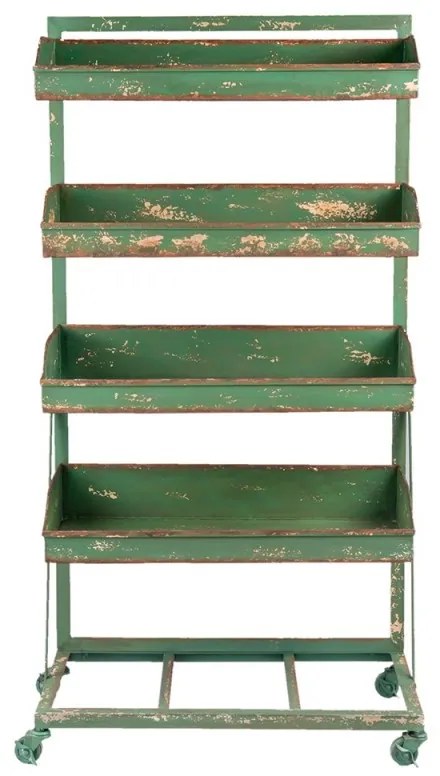 Etajeră vintage din metal cu 4 rafturi, verde antichizat, pe roți, „Greenhouse Charm”