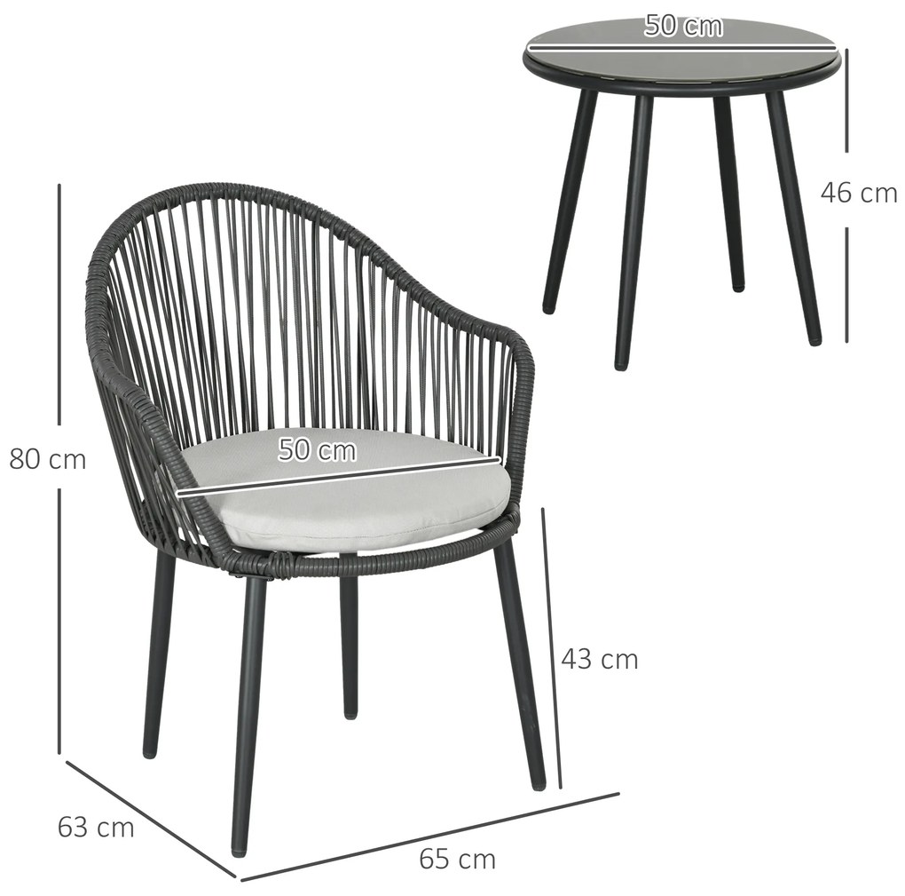 Outsunny Set Bistro de Terasă din 3 Piese, Set de Mobilier din Rachiță cu 2 Fotolii și Masă de Sticlă, 65x63x80 cm, Gri | Aosom Romania