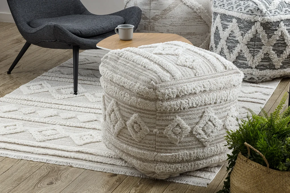 Covor ECO SISAL MOROC 22322 romburi, linii, boho franjuri - structural bej / cremă