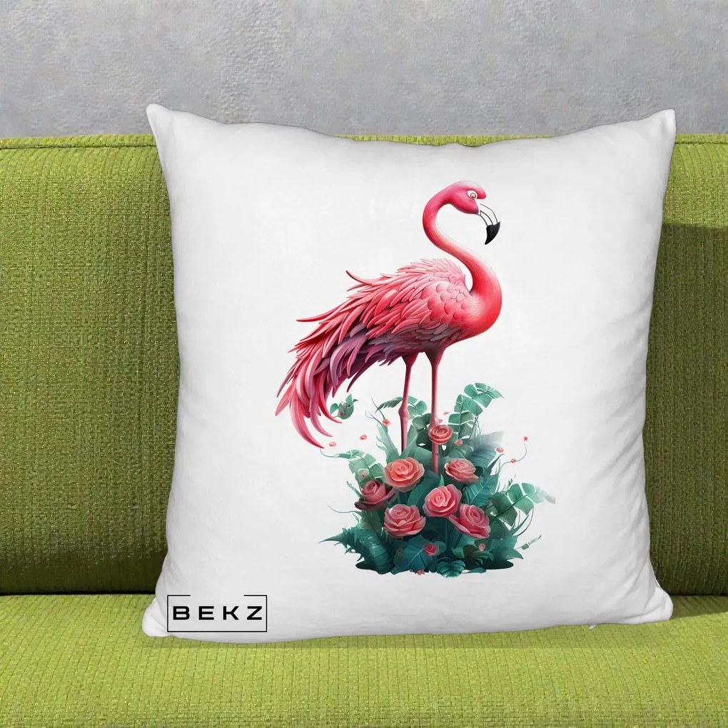 Perna Decorativa Flamingo cu Trandafiri Tropicali, 40x40 cm, Alb Pufos, Husa Detasabila, Perna Inclusa, BEKZ®