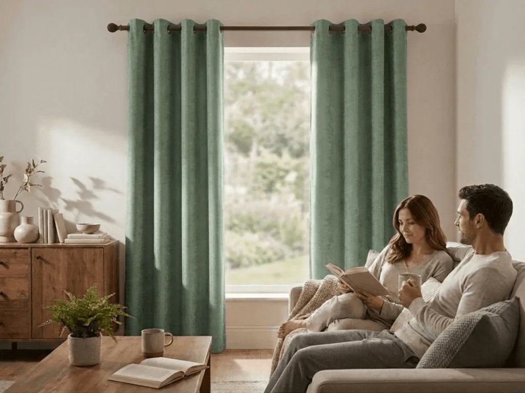 Draperie opaca LOOM VELVET 140x250 cm, verde Agatat: Inele metalice