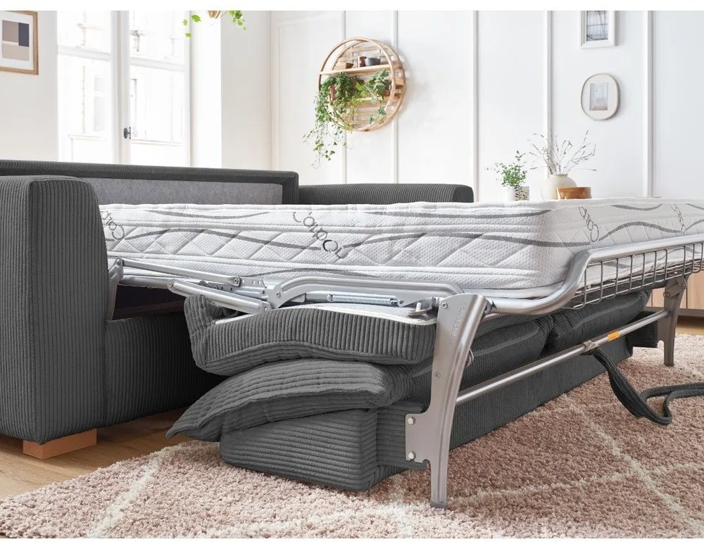 Canapea gri extensibilă cu tapițerie din catifea reiată 225 cm Augustin – Bobochic Paris