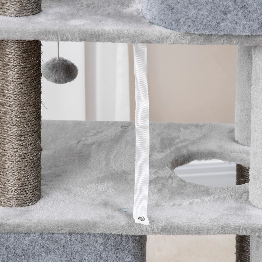 PawHut Copac de zgâriat, două căsuțe, două platforme, bilă de joacă, coș pentru odihnă, protecție anti-răsturnare, sisal, gri, 60 x 40 x 142 cm | Aosom Romania