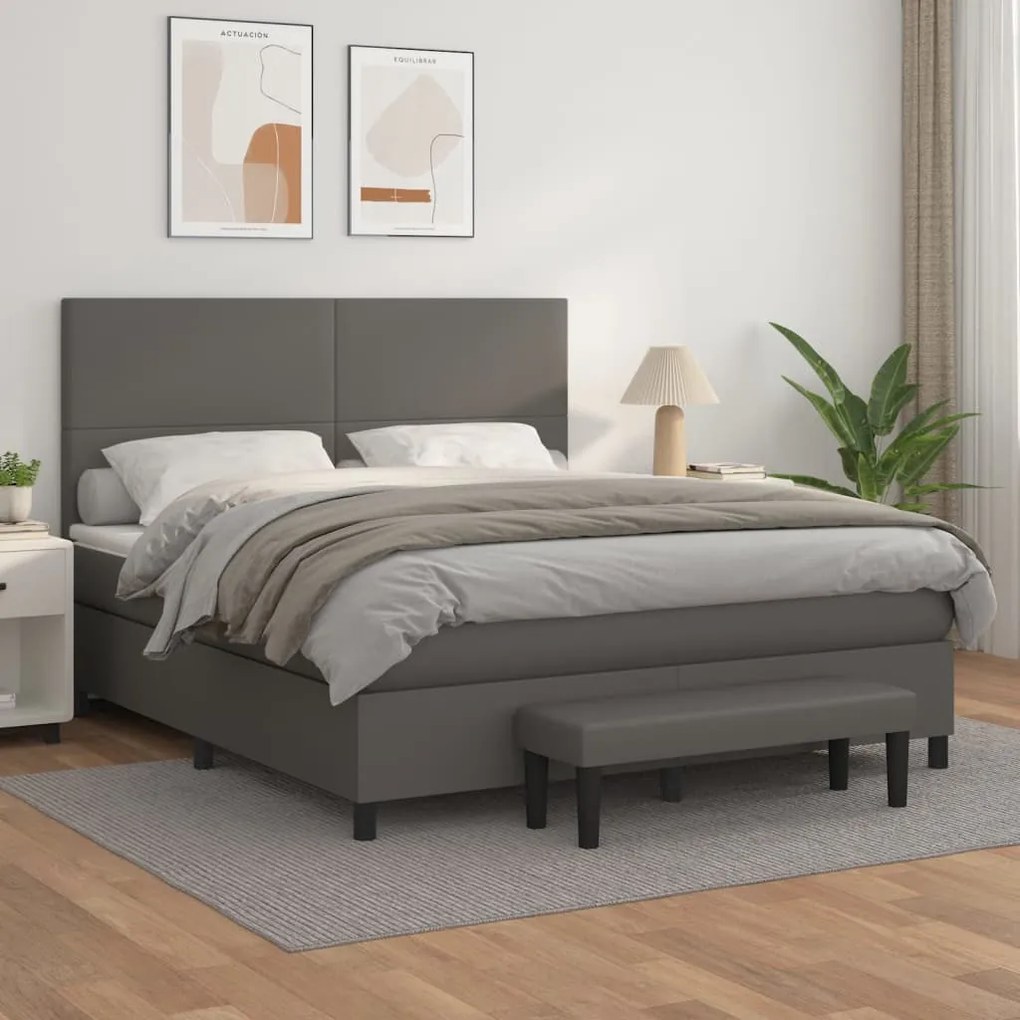 3137555 vidaXL Pat box spring cu saltea, gri, 160x200 cm, piele ecologică