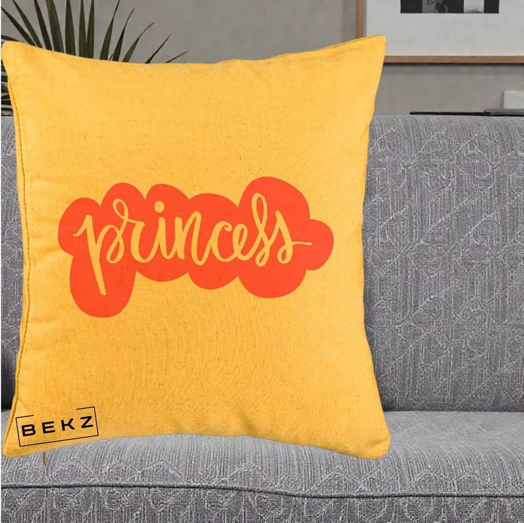 Perna Decorativa Princess Text Roz, 40x40 cm, Galben, Husa Detasabila, Perna Inclusa, BEKZ®