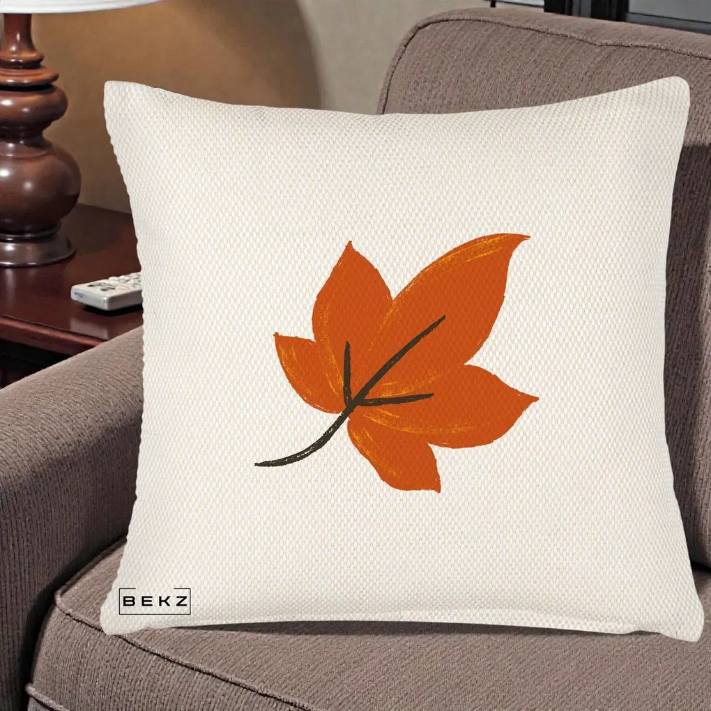 Perna Decorativa Frunza de Toamna Portocalie, 40x40 cm, Crem Reliefat, Husa Detasabila, Perna Inclusa, BEKZ®