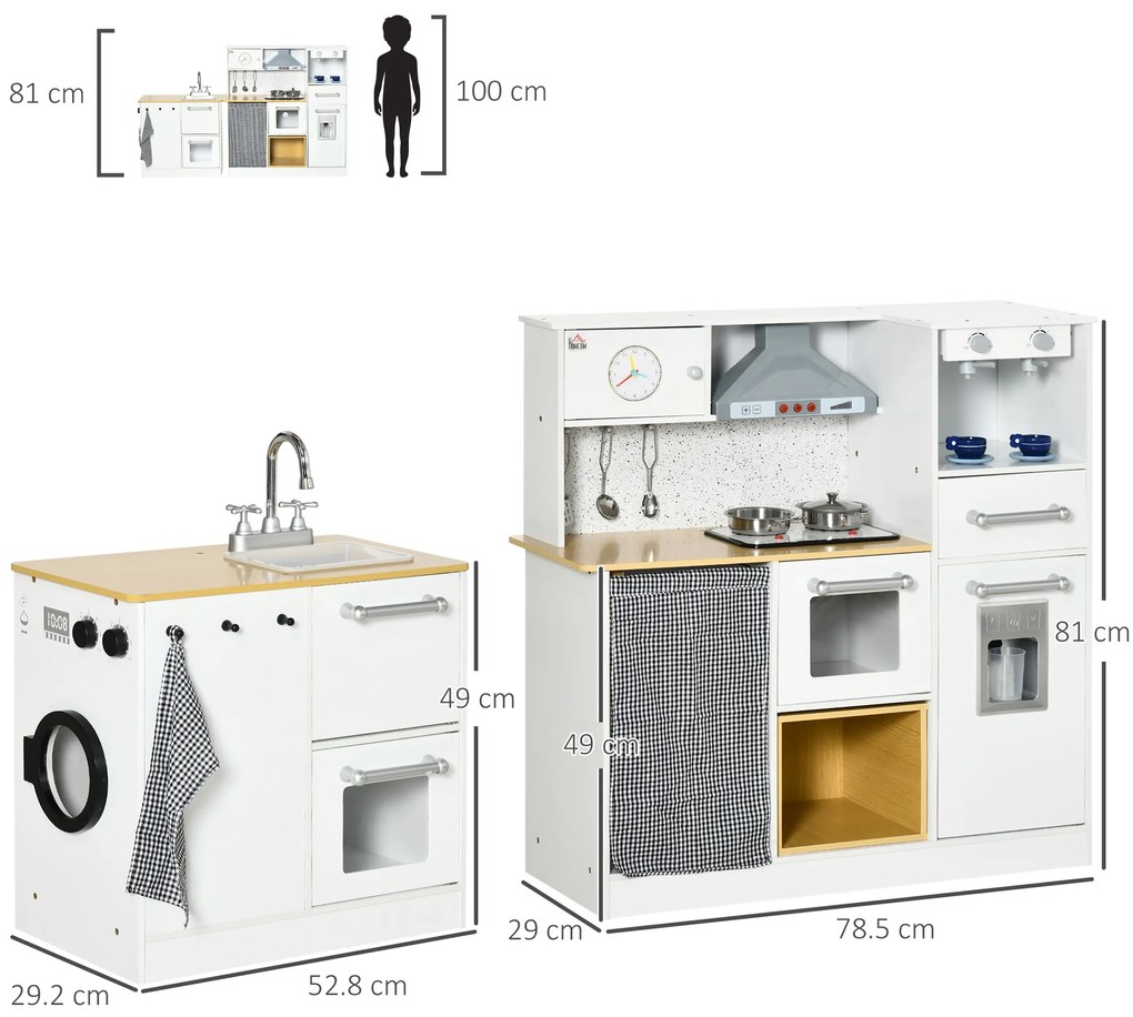 HOMCOM Bucatarie pentru copii din 2 bucati pentru copii 3-6 ani cu ustensile de bucatarie, culoare alb si lemn | Aosom Romania
