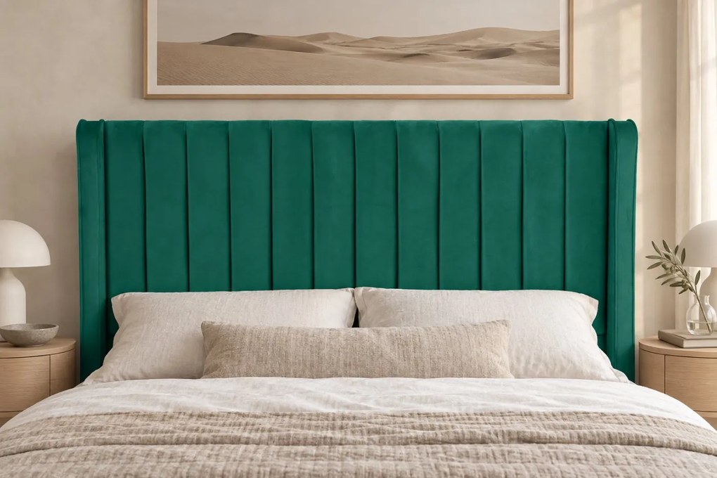 Pat tapițat din catifea Aurelia Simple 200×200 cm, verde, cu ladă de depozitare
