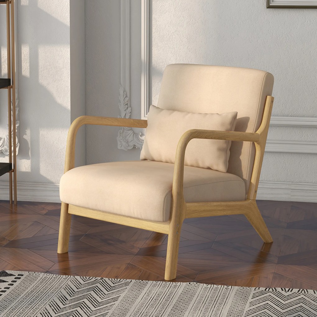 HOMCOM Fotoliu din catifea cu structură din lemn, cu umplutură din arcuri în formă de S și pernă, 61x78x76 cm, Bej | Aosom Romania