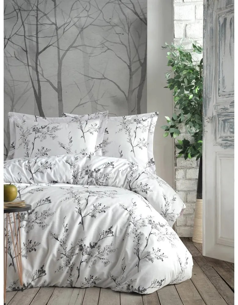 Lenjerie de pat albă-gri din bumbac ranforcé pentru pat dublu, extinsă 240x220 cm White Floral – Mila Home Luxury