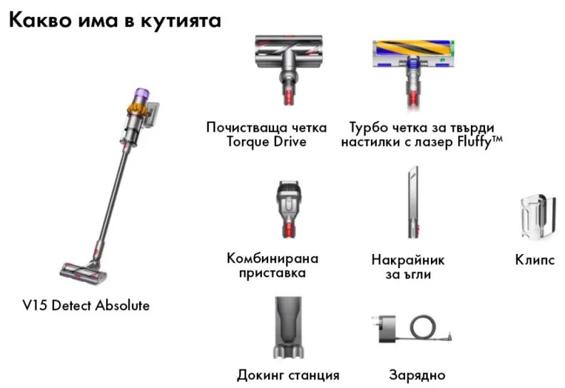 Aspirator vertical Dyson V15 Detect Abseolute, 660W, 0.76 l, 60 min autonomie, Senzori, 3 moduri, LCD, Gri