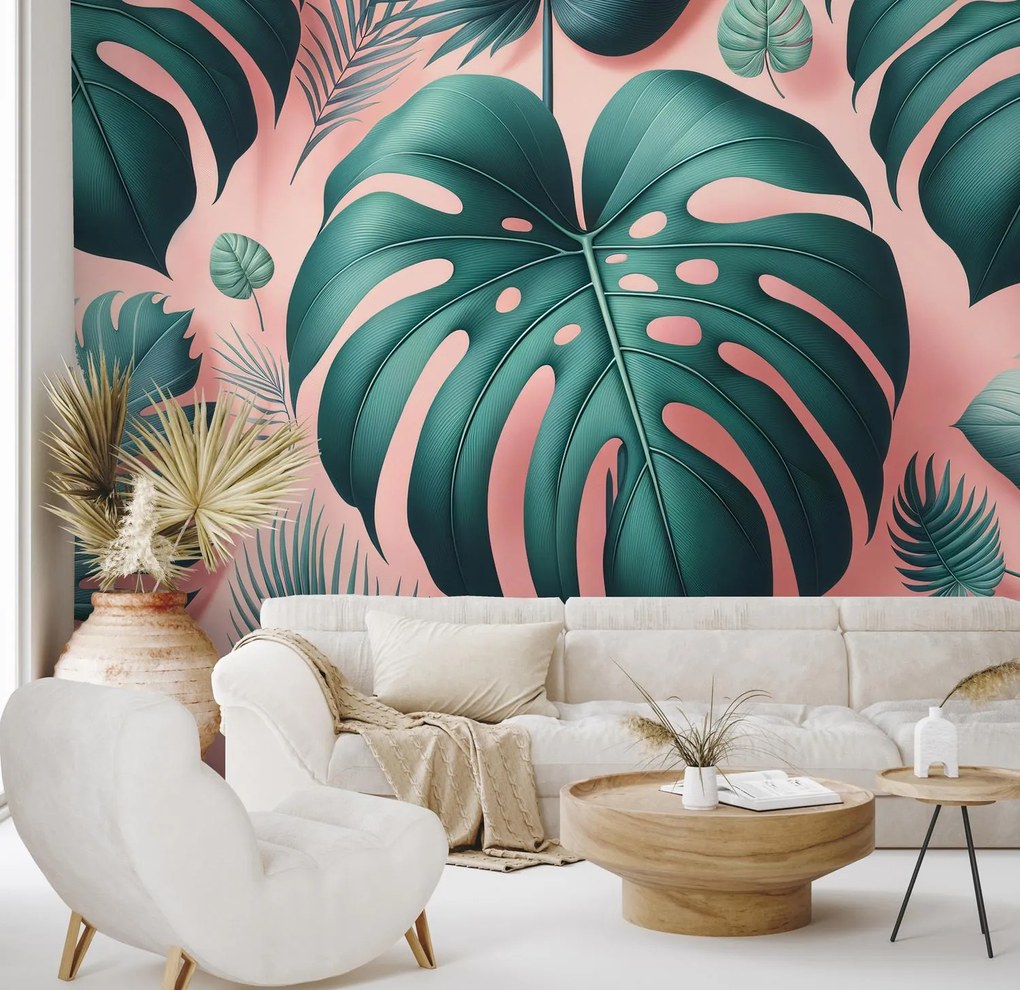 Fototapet - Monstera pe roz (147x102 cm)