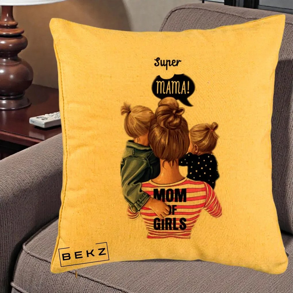 Cadou pentru Mama - Perna Personalizata Super Mama Mom of Girls, 40x40 cm, Galben, Husa Detasabila, Perna Inclusa, BEKZ®