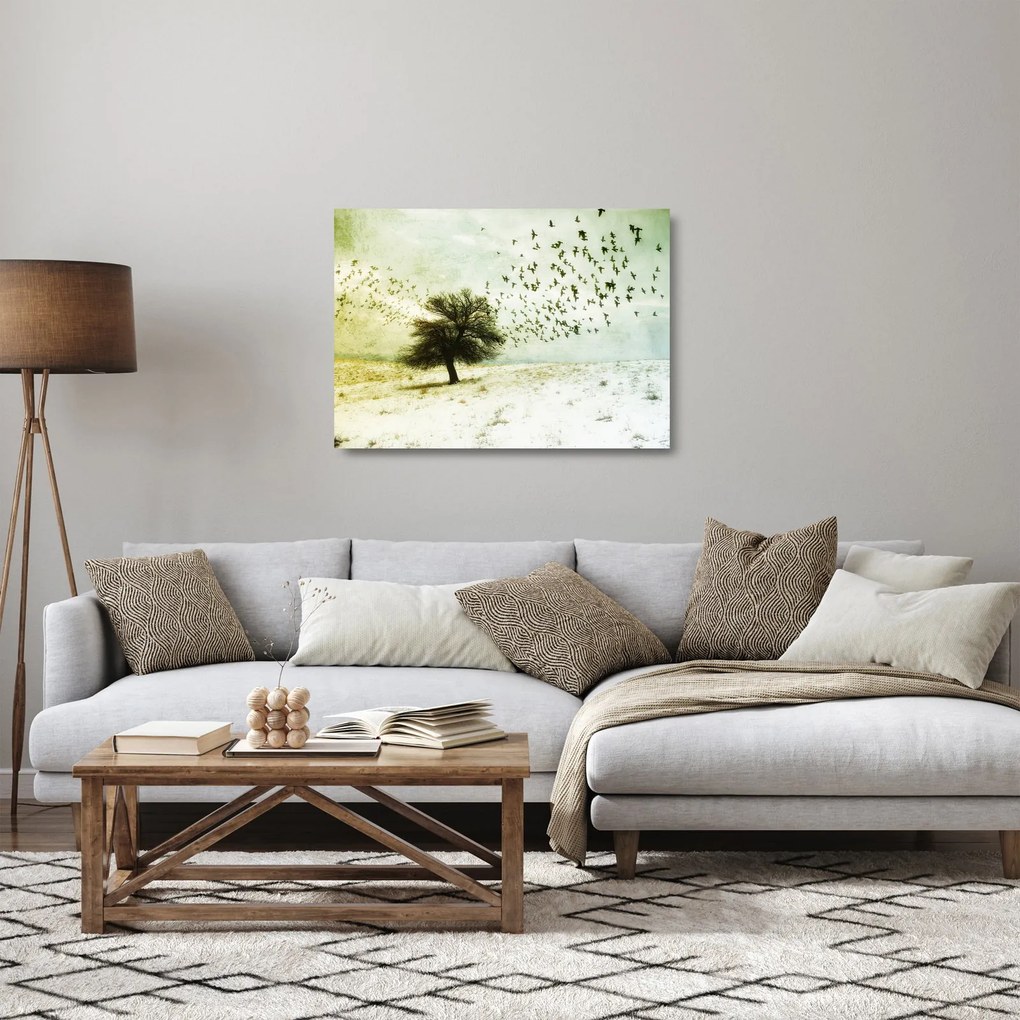 Tablou pe sticlă - cu multe păsări pictate (70x50 cm)