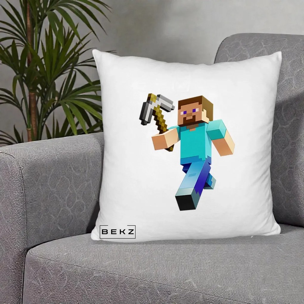 Perna Personalizata Minecraft Steve cu Tarnacop, 40x40 cm, Alb Pufos, Husa Detasabila, Perna Inclusa, BEKZ®