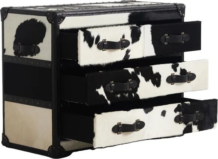 Comodă cu 4 sertare tip cufăr, din piele naturală de vacă și lemn de stejar, alb-negru, cu colțare din metal, 80 x 100 x 50 cm, „Cow”