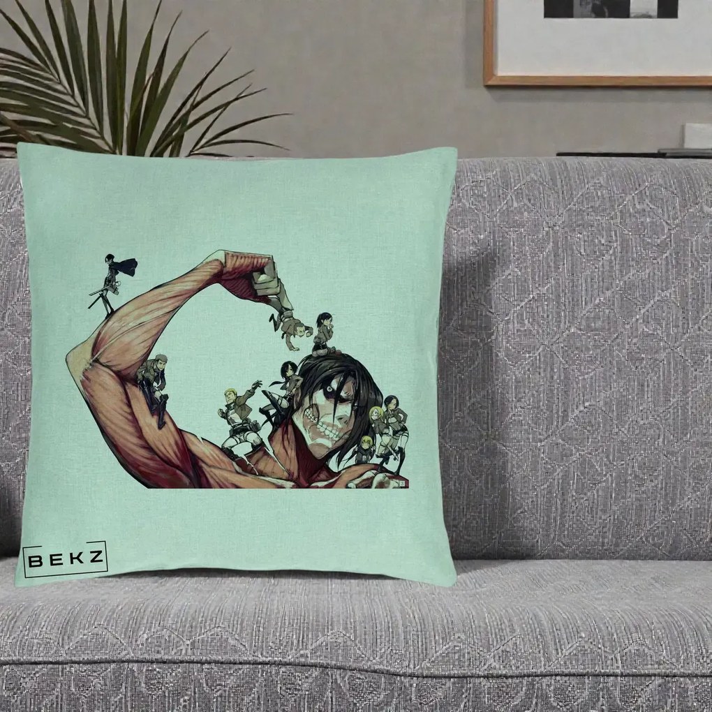 Perna Personalizata Attack on Titan Eren Titan Grup, 40x40 cm, Verde Menta, Husa Detasabila, Perna Inclusa, BEKZ®