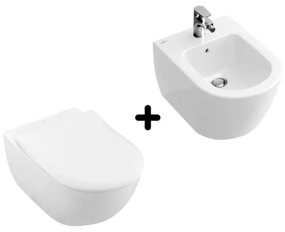 Pachet vas WC rimless suspendat + bideu suspendat, Villeroy&amp;Boch Subway 2.0, DirectFlush, cu capac WC inchidere lenta