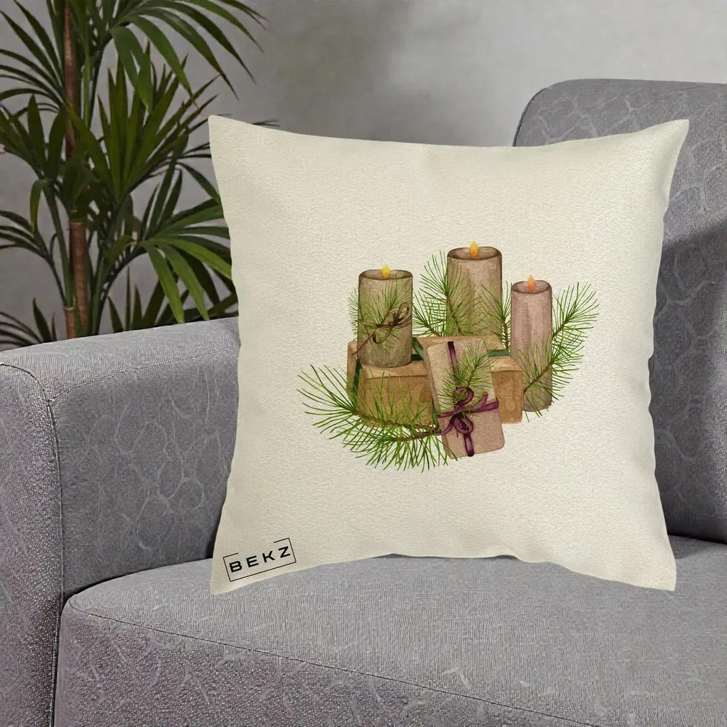 Perna Decorativa Lumanari cu Cadouri Naturale, 40x40 cm, Ecru, Husa Detasabila, Perna Inclusa, BEKZ®