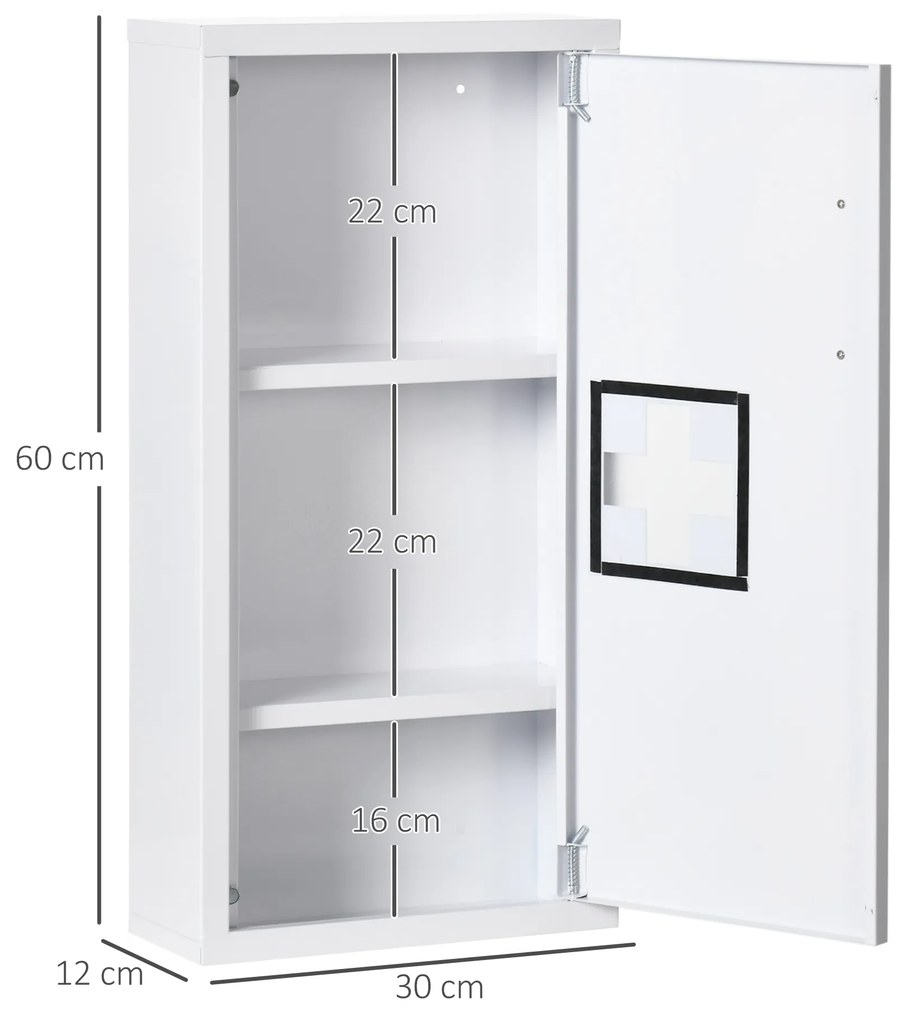 kleankin Dulap Medicamente cu 3 Rafturi și Ușă Magnetică, cu un strat rezistent la apă și rugină 30x12x60 cm, Alb | Aosom Romania