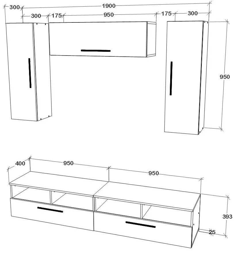Living Kos V18, Negru/Alb Lucios, MDF, L 190 cm