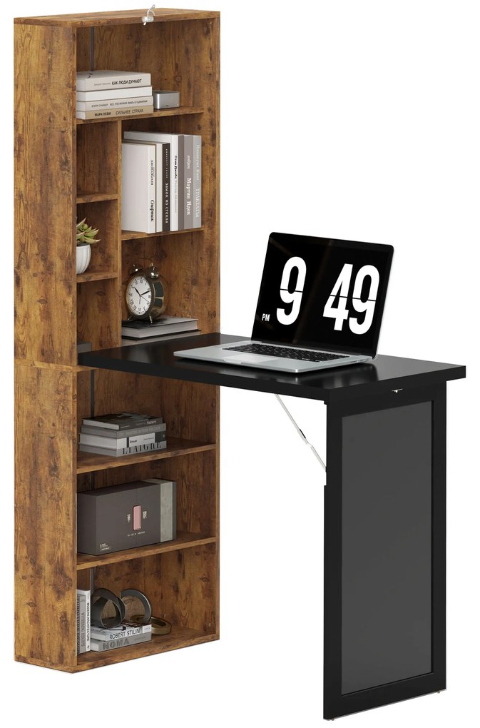 HOMCOM Birou de calculator pliabil cu bibliotecă, stație de lucru, tablă neagră și raft reglabil, 98x51x153cm, măr brun | Aosom Romania