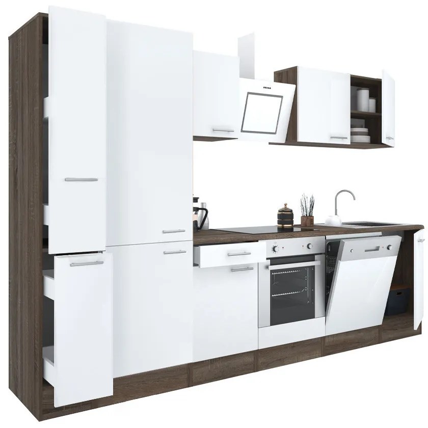 Mobilă de bucătărie Yorki 310, corp din stejar Yorki, față alb satinat cu element inferior al cuptorului, dulap cu raft